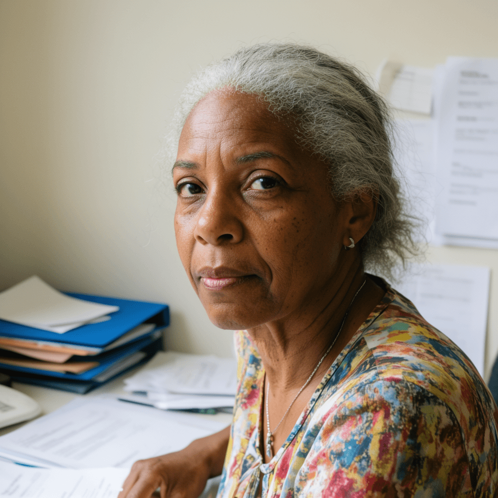 Nora MacKinnon-Gold at her back-room editorial desk — small folders, transcripts, and ledger photographs