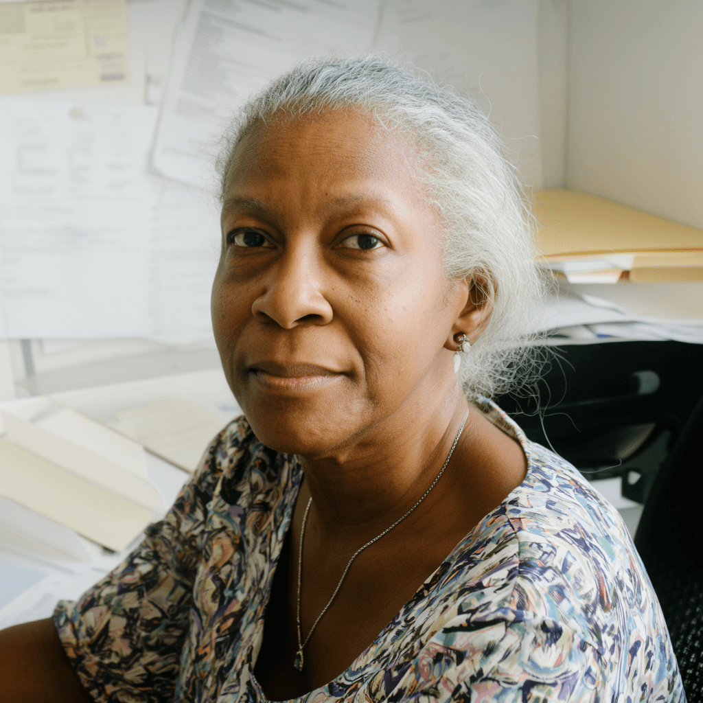 Nora MacKinnon-Gold, research editor, at her desk in Auckland — official portrait for the Estate Histories practice